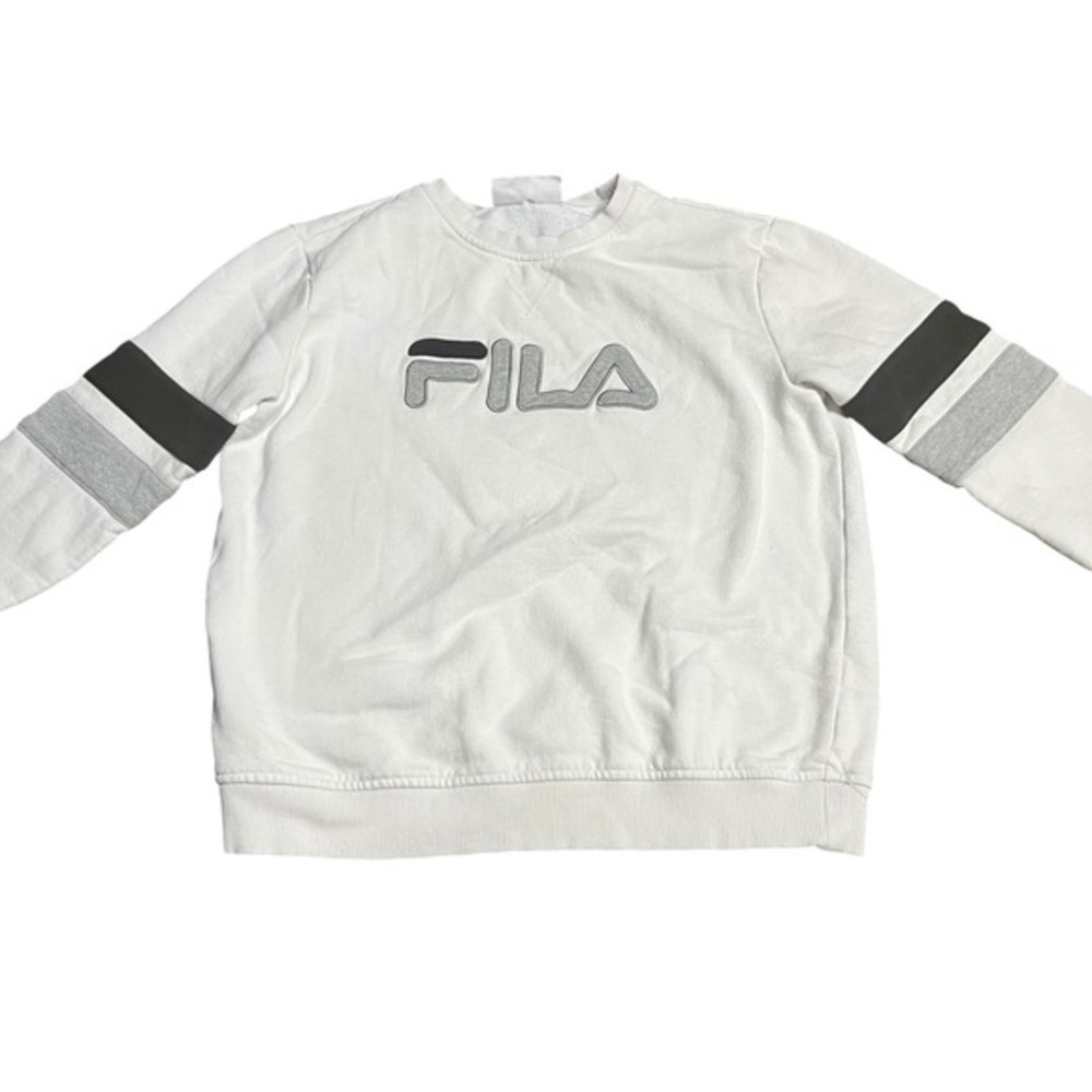 Fila‎ Crewneck Sweatshirt White Gray Black Stripe Sleeve Mens Size Medium